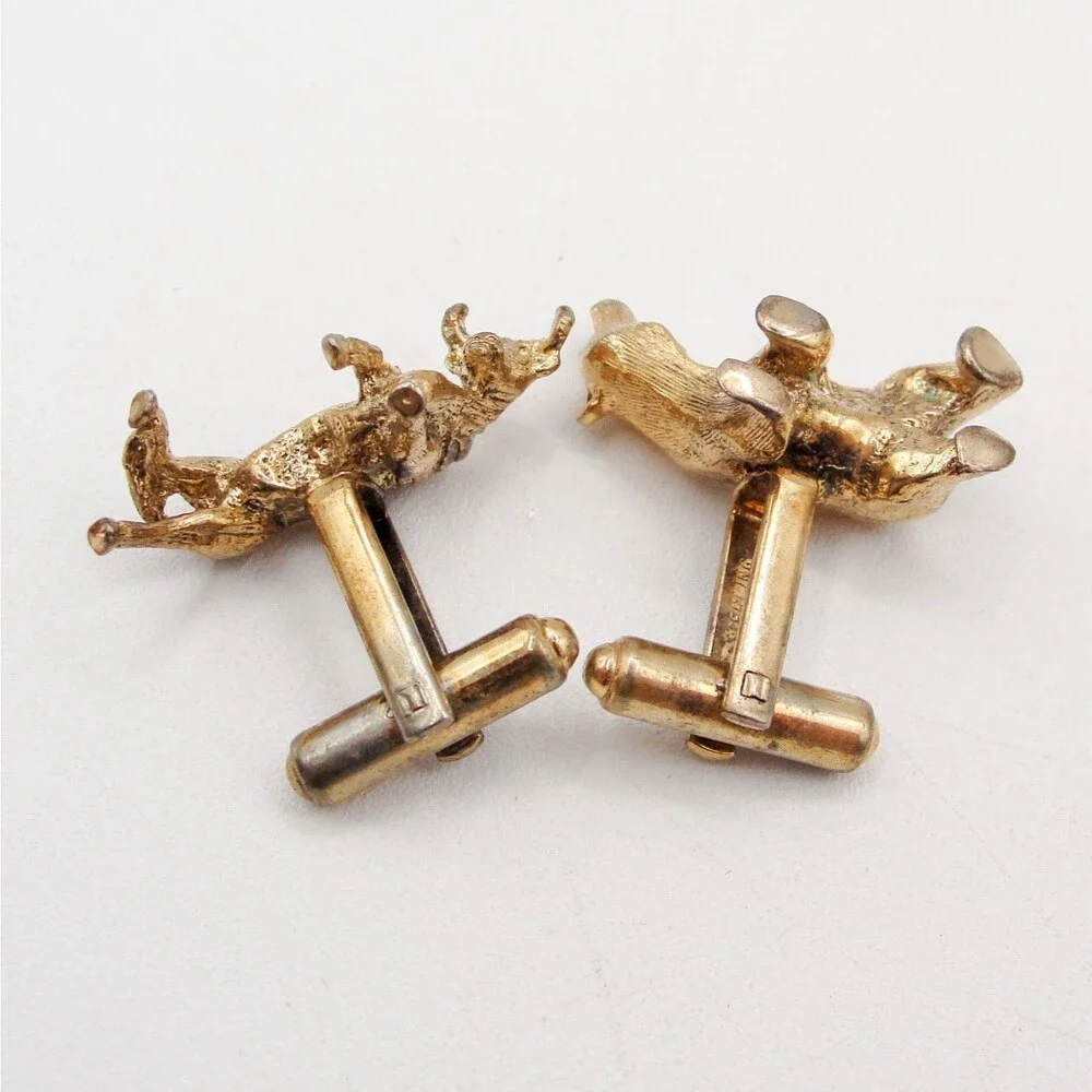 Vintage Sterling Silver Bull & Bear Cufflinks Gold Wash Stock Broker Wall Street